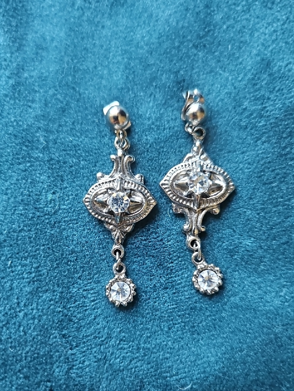 Silver Crystal Filigree Design Drop Stud Earrings